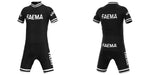 Two views of the Faema 1955 Retro Cycling Jersey Set, a black skinsuit with short sleeves, showcase its classic design. Featuring white trim on sleeves and collar, and bold FAEMA lettering on chest, back, and side, it captures the essence of vintage cycling team attire.