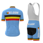 The Belgium Cycling Team Retro Cycling Jersey Set includes a blue cycling jersey and bib shorts with BELGIUM text. The jersey features retro black, yellow, and red stripes on the back, sleeves, and sides, along with a zip front and back pockets.