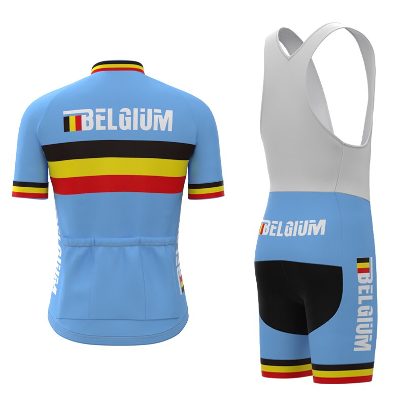 The Belgium Cycling Team Retro Cycling Jersey Set includes a blue cycling jersey and bib shorts with BELGIUM text. The jersey features retro black, yellow, and red stripes on the back, sleeves, and sides, along with a zip front and back pockets.
