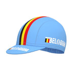 A blue cycling cap with red, yellow, and black stripes resembling the Belgian flag. BELGIUM is printed in white on the side and brim, perfectly complementing the Belgium Cycling Team Retro Cycling Jersey Set for a complete look.