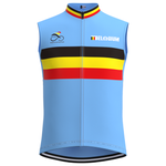 The Belgium Cycling Team Retro Cycling Jersey Set features a blue sleeveless design with horizontal black, red, and yellow stripes resembling the Belgian flag. It sports a small bicycle logo with Belgian Cycling Team on the left chest and BELGIUM on the right chest.