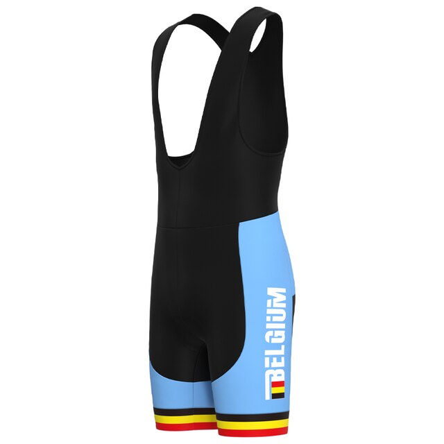 The cycling bib shorts, in black and blue, feature Belgium and a Belgian flag strip on the side, with black, yellow, and red stripes on the hem. Ideal for completing the Belgium Cycling Team Retro Cycling Jersey Set.