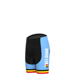 These cycling shorts have a blue front, black back, and BELGIUM in white on the right side. Red, yellow, and black stripes at the leg openings nod to a retro Belgian flag design. Perfect addition to the Belgium Cycling Team Retro Cycling Jersey Set.