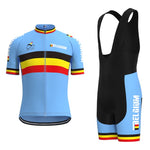 The Belgium Cycling Team Retro Cycling Jersey Set includes a blue jersey with red, yellow, and black stripes, black bib shorts, and features the BELGIUM text and logo on the chest and side in a classic team style.