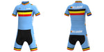 This Belgium Cycling Team Retro Cycling Jersey Set features light blue and black shorts with red, yellow, and black stripes across the chest, sleeves, and leg hems. Belgium is vertically displayed on the sides and back for a classic team look.