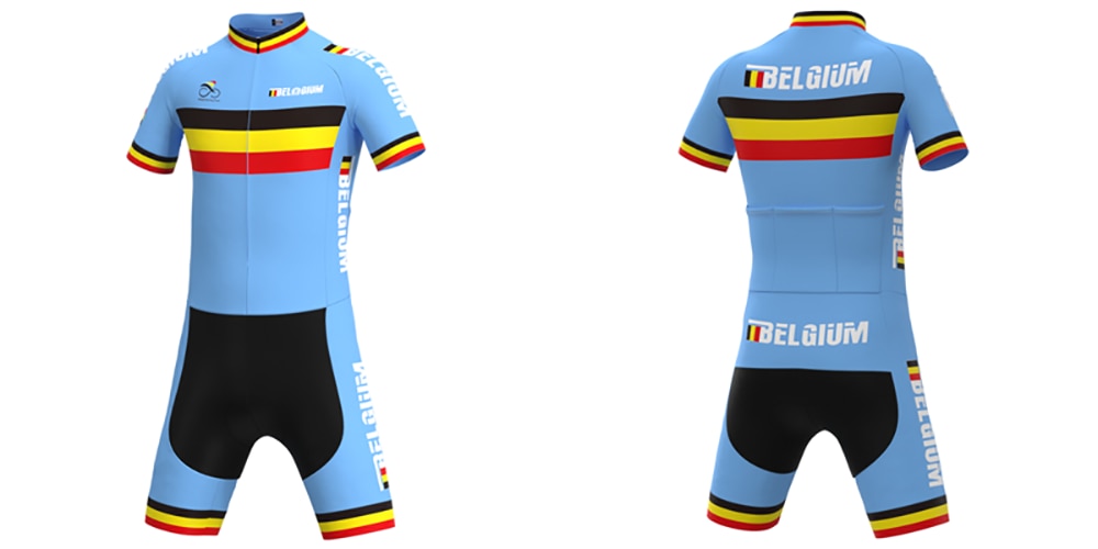 This Belgium Cycling Team Retro Cycling Jersey Set features light blue and black shorts with red, yellow, and black stripes across the chest, sleeves, and leg hems. Belgium is vertically displayed on the sides and back for a classic team look.