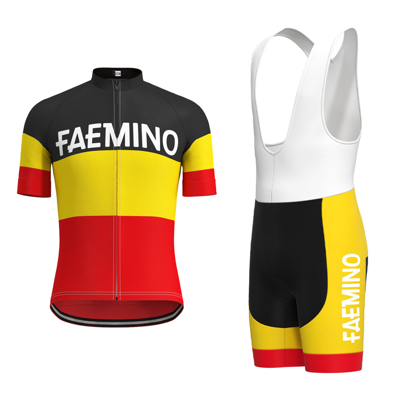 The Faemino-Faema Retro Cycling Jersey Set showcases a short-sleeve jersey with black, yellow, and red stripes and FAEMINO printed on the chest, echoing Eddy Merckxs era. The bib shorts feature white straps with the iconic FAEMINO branding.