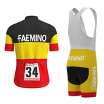 The Faemino-Faema Retro Cycling Jersey Set includes a red, yellow, and black jersey featuring Faemino on the back and number 34 on the front, plus a La Gazzetta dello Sport panel. The matching shorts are white, black, and yellow—ideal for embodying Eddy Merckxs spirit!.