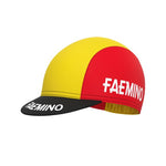The Faemino-Faema Retro Cycling Cap from vintagecycling.shop features a color-block design with a yellow top, red sides, and black brim. FAEMINO is printed in white on both the red section and the brim, exuding classic style.