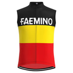 A sleeveless cycling jersey inspired by Faemino-Faema and Eddy Merckx, featuring bold FAEMINO text, a front zipper, and three horizontal color blocks: black, yellow, and red.