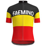 The Faemino-Faema Retro Cycling Jersey Set presents a retro jersey with black, yellow, and red horizontal stripes. FAEMINO is prominently displayed in white on the chest, featuring a full front zipper and short sleeves inspired by Eddy Merckxs classic style.