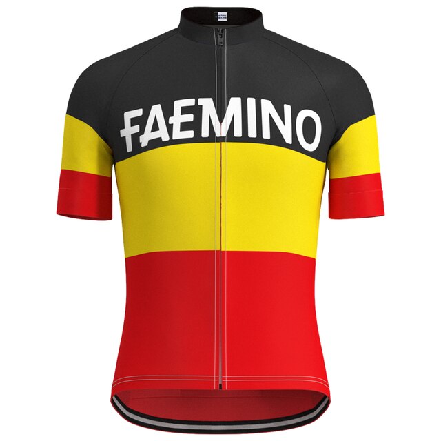 The Faemino-Faema Retro Cycling Jersey Set presents a retro jersey with black, yellow, and red horizontal stripes. FAEMINO is prominently displayed in white on the chest, featuring a full front zipper and short sleeves inspired by Eddy Merckxs classic style.