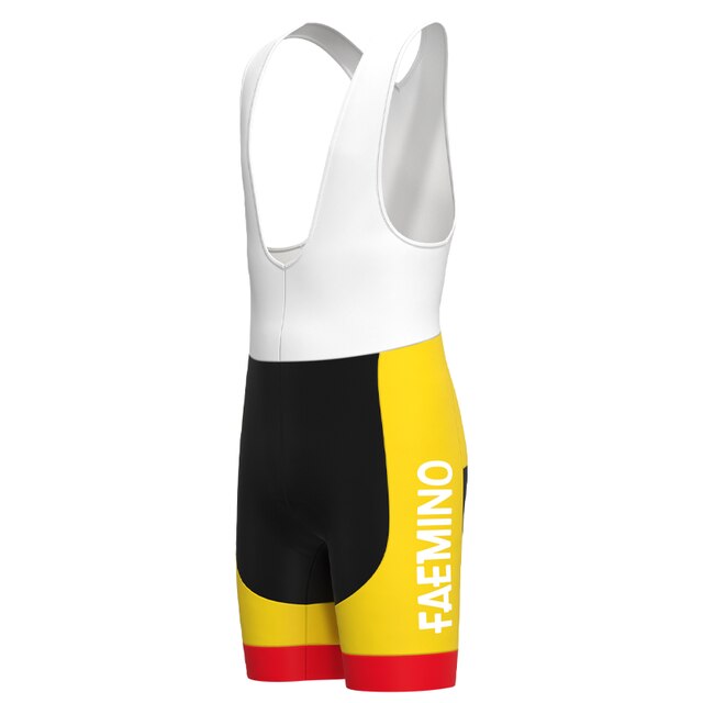 The Faemino-Faema Retro Cycling Jersey Set features bib shorts with retro-inspired design: white straps, a black middle, yellow sides, and a red base. FAEMINO, evoking the iconic Eddy Merckx era, is printed vertically on the side in crisp white.