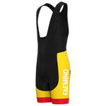 The Faemino-Faema Retro Cycling Jersey Set includes black sleeveless bib shorts with bold yellow and red side stripes, emulating a retro feel. FAEMINO adorns the left leg, honoring Eddy Merckxs legendary team. Two shoulder straps on the back enhance comfort.