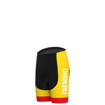 The Faemino-Faema Retro Cycling Jersey Set includes cycling shorts with a retro jersey vibe featuring black, yellow, and red colors with FAEMINO in white on the side, inspired by the legendary Faemino-Faema era of Eddy Merckx.
