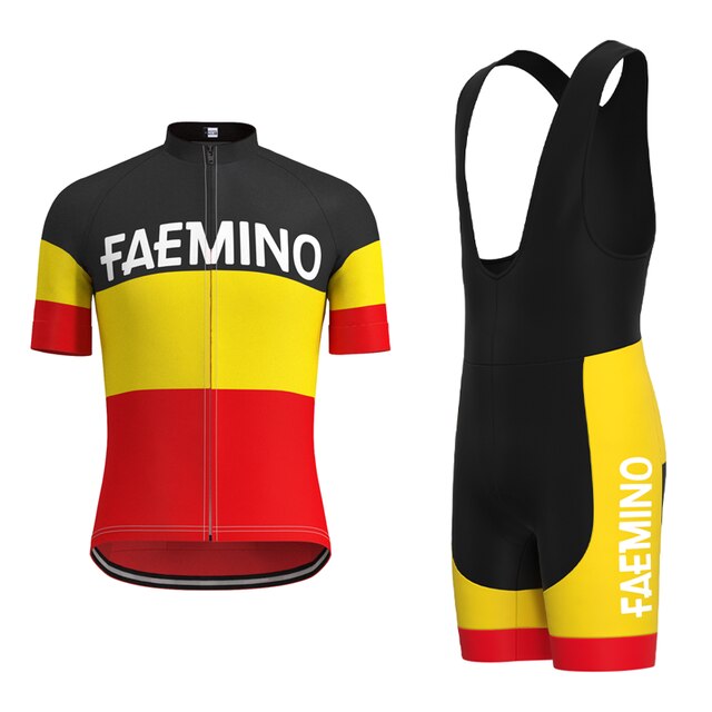 Pedal through history with the Faemino-Faema Retro Cycling Jersey Set, inspired by Eddy Merckx. Featuring a short-sleeved jersey with black, yellow, and red panels and bib shorts adorned with FAEMINO, this outfit pays homage to classic cycling style.