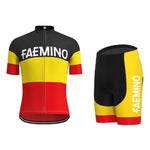 The Faemino-Faema Retro Cycling Jersey Set features a short-sleeve jersey and shorts inspired by Eddy Merckx, with black, yellow, and red horizontal sections, and FAEMINO-FAEMA printed in white on both pieces.