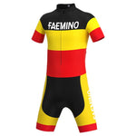 The Faemino-Faema Retro Cycling Jersey Set boasts bold black, yellow, and red horizontal stripes with FAEMINO in white on the chest and leg. Inspired by Eddy Merckxs era, it features short sleeves and a front zipper for a classic touch.