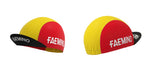 Two Faemino-Faema Retro Cycling Caps are shown with a red and yellow design, FAEMINO printed on them, and an upward-flipped black brim. Displayed from side and front angles, these classic caps are available at vintagecycling.shop.