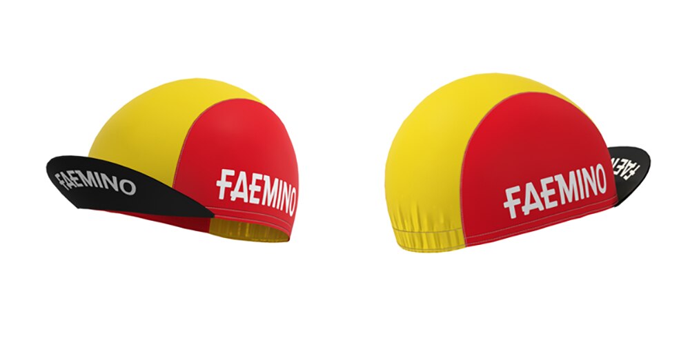 Two Faemino-Faema Retro Cycling Caps are shown with a red and yellow design, FAEMINO printed on them, and an upward-flipped black brim. Displayed from side and front angles, these classic caps are available at vintagecycling.shop.
