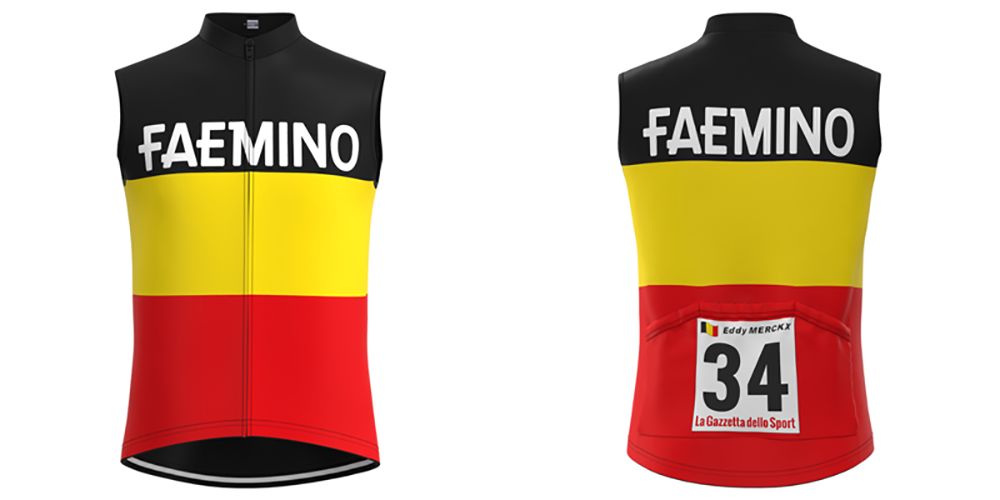 The Faemino-Faema Retro Cycling Jersey Set features a black, yellow, and red design. FAEMINO is prominently displayed in white. A race number 34 on the back honors Eddy Merckxs era with La Gazzetta dello Sport subtly added underneath.