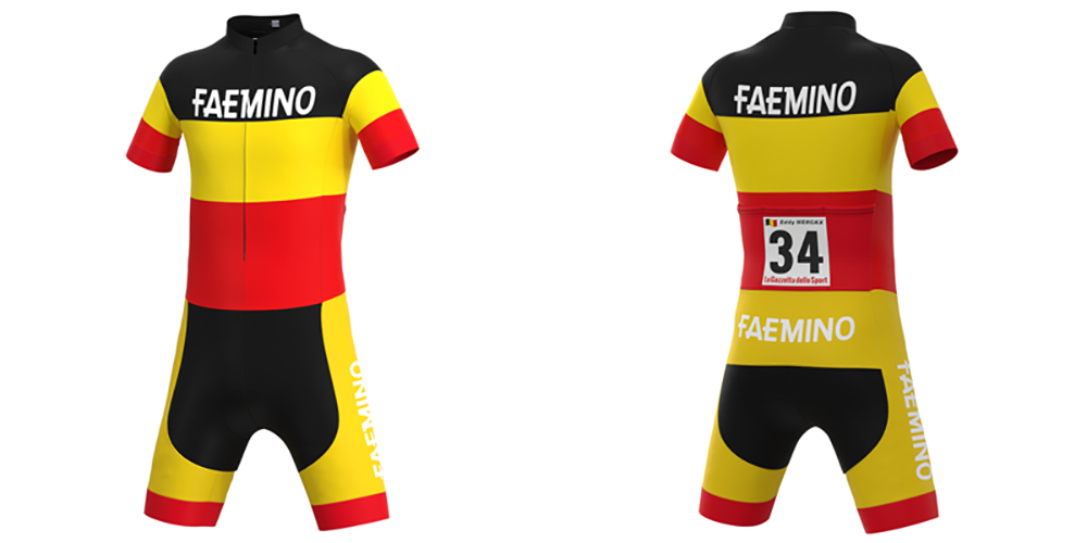 Front and back images of the Faemino-Faema Retro Cycling Jersey Set display bold horizontal stripes in yellow, red, and black. The word FAEMINO appears on both the chest and back, while the number 34 adorns the back pocket area, echoing designs worn by cycling legend Eddy Merckx.