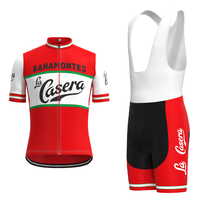 The La Casera-Bahamontes Retro Cycling Jersey Set combines a performance-driven jersey with a front zip and green accents, and bib shorts featuring stylish red and black branding, embodying the classic race spirit.