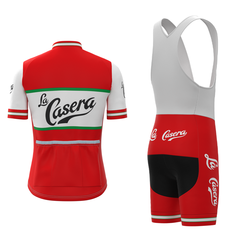 The La Casera-Bahamontes Retro Cycling Jersey Set flaunts a bold red, white, and green design with the text La Casera-Bahamontes, featuring vibrant stripes on the jersey and stylish red, black, and white-accented bib shorts for improved performance.