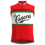 The La Casera-Bahamontes Retro Cycling Jersey Set boasts a red sleeveless design with bold white and green stripes across the chest, featuring La Casera-Bahamontes in black and a stylized white font above the zipper, combining performance with fashion for every ride.
