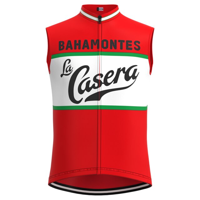 The La Casera-Bahamontes Retro Cycling Jersey Set boasts a red sleeveless design with bold white and green stripes across the chest, featuring La Casera-Bahamontes in black and a stylized white font above the zipper, combining performance with fashion for every ride.