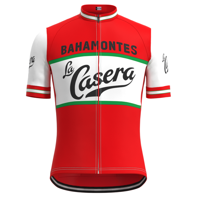 The La Casera-Bahamontes Retro Cycling Jersey Set features a vibrant red, white, and green design with Bahamontes and La Casera text. It includes a performance-focused jersey with short sleeves and a full front zipper.