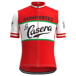 The La Casera-Bahamontes Retro Cycling Jersey Set features a vibrant red, white, and green design with Bahamontes and La Casera text. It includes a performance-focused jersey with short sleeves and a full front zipper.