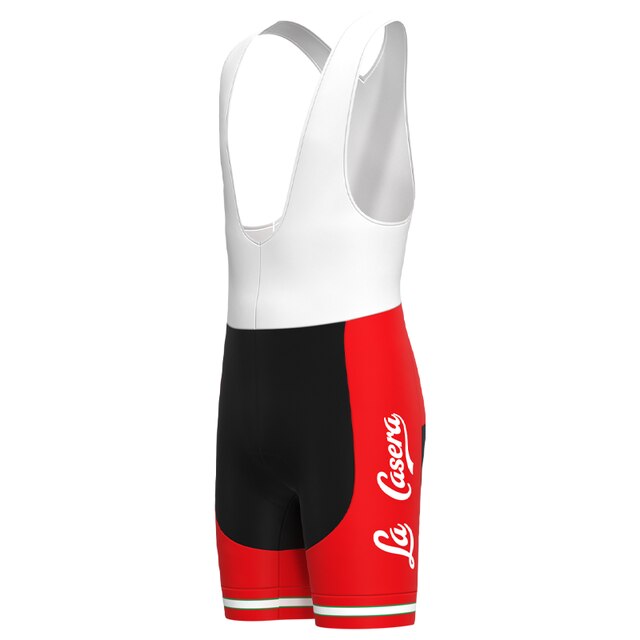 The La Casera-Bahamontes Retro Cycling Jersey Set includes a white top and red and black bib shorts with a white logo, combining vintage style with performance-focused design.