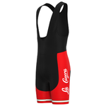 The La Casera-Bahamontes Retro Cycling Jersey Set features black and red bib shorts with La Casera in white text on the sides, accentuated by retro-inspired red bands with white stripes at the hem, celebrating a performance-driven legacy.