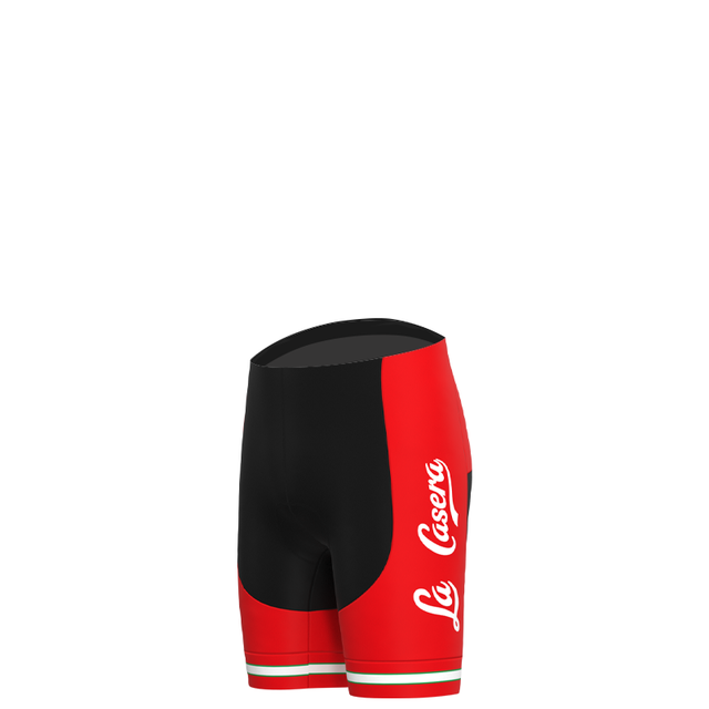 Cycling shorts from the La Casera-Bahamontes Retro Cycling Jersey Set showcase a black and red design. They feature a red panel on the right with La Casera in white, complemented by red bands at the bottom, separated by a thin white stripe for enhanced performance.