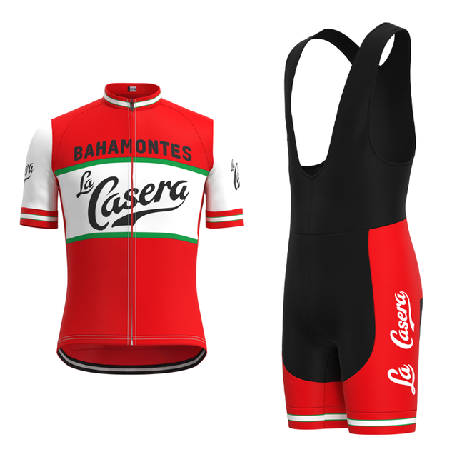 The La Casera-Bahamontes Retro Cycling Jersey Set includes a red and white short-sleeve jersey with green accents and a front zipper, along with performance black bib shorts featuring bold red side panels.