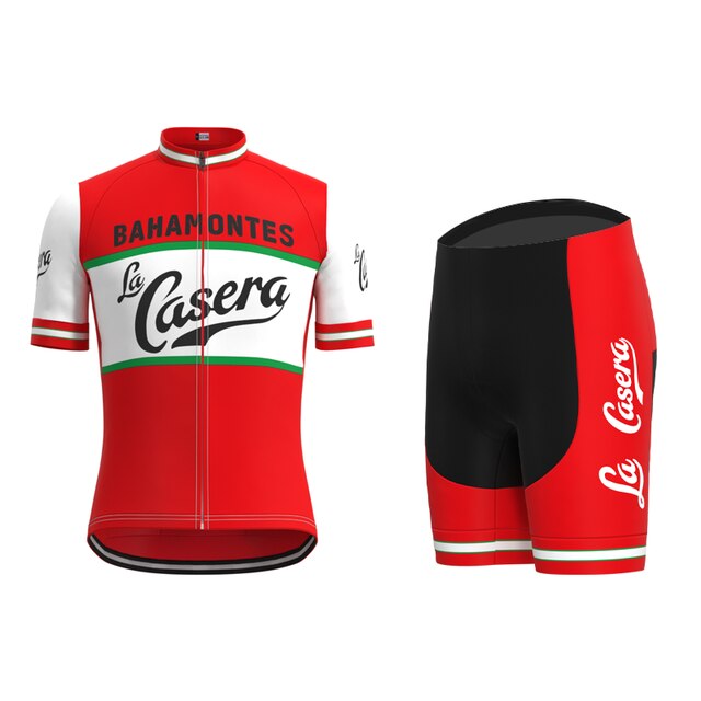 The La Casera-Bahamontes Retro Cycling Jersey Set features La Casera-Bahamontes text, a red and black design with green and white accents. The shorts complement the jersey, enhancing style and offering performance through a front zipper for a timeless appeal.