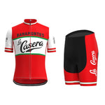 The La Casera-Bahamontes Retro Cycling Jersey Set features La Casera-Bahamontes text, a red and black design with green and white accents. The shorts complement the jersey, enhancing style and offering performance through a front zipper for a timeless appeal.