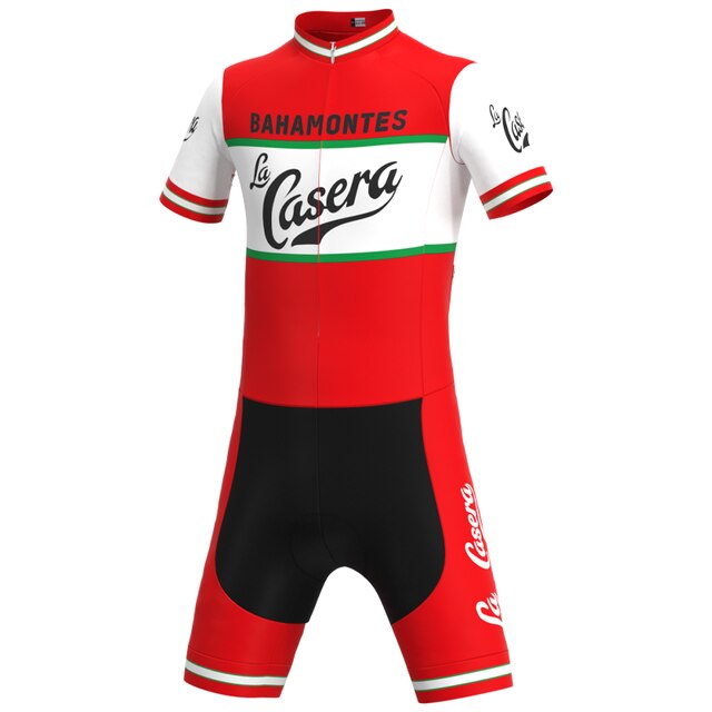 The La Casera-Bahamontes Retro Cycling Jersey Set features a red and black design, a white chest panel and sleeves, bold black La Casera-Bahamontes lettering, plus green and red stripe accents to celebrate its performance heritage.