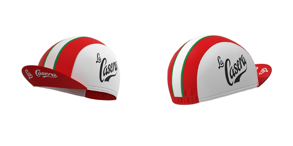 The La Casera-Bahamontes Retro Cycling Jersey Set includes two vintage-style caps, both featuring a red and white design. One cap is side-viewed, while the other showcases a green stripe that enhances its classic charm and performance.