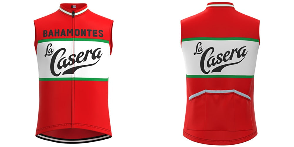 The La Casera-Bahamontes Retro Cycling Jersey Set is a vibrant red jersey with white and green stripes, featuring the La Casera logo. It includes classic design elements and back pockets, showcasing its performance-focused design.