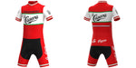 Nostalgically designed, the La Casera-Bahamontes Retro Cycling Jersey Set includes a red jersey with black shorts adorned with Bahamontes and La Casera logos. It features stylish white and green stripes and a front zipper for optimal performance.