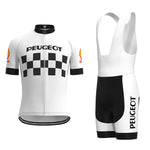 The Classic 1960s Peugeot Retro Cycling Jersey Set features a short-sleeve jersey with PEUGEOT text and a black checkered pattern, evoking the Eddy Merckx era, paired with bib shorts for an iconic retro look.