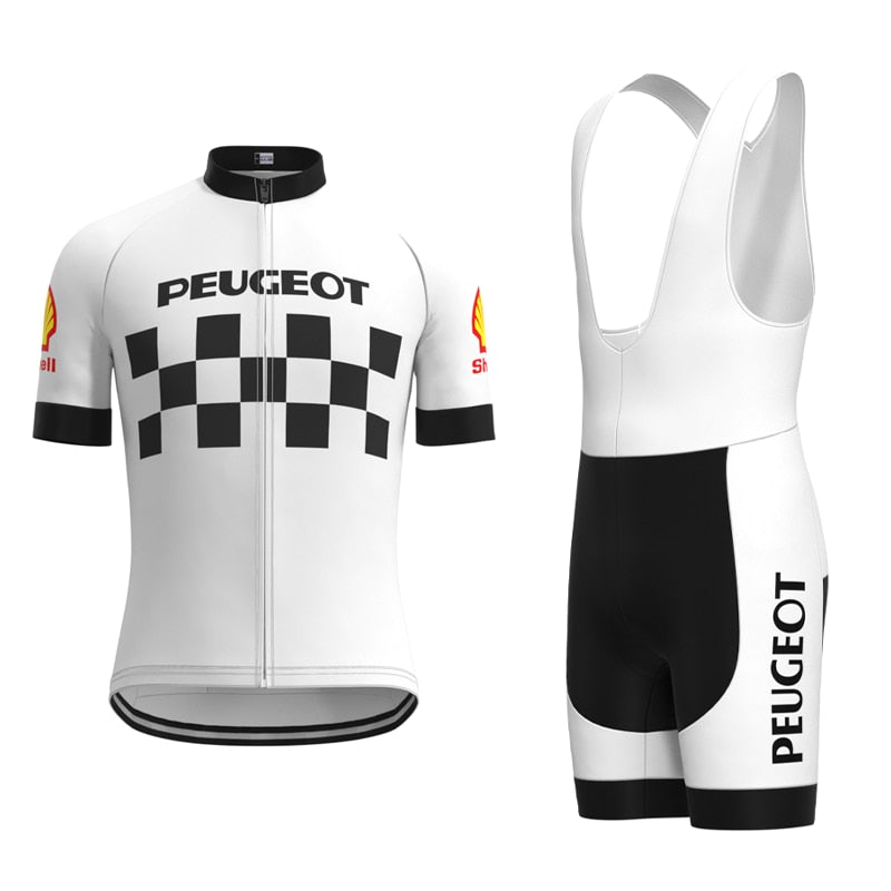The Classic 1960s Peugeot Retro Cycling Jersey Set features a short-sleeve jersey with PEUGEOT text and a black checkered pattern, evoking the Eddy Merckx era, paired with bib shorts for an iconic retro look.