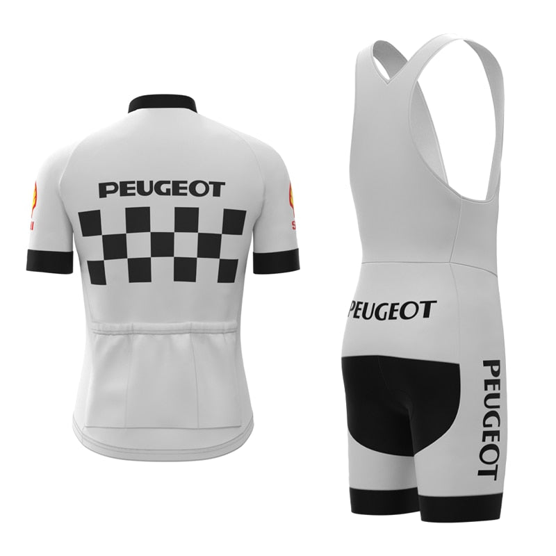Vintage cycling outfit including the Classic 1960s Peugeot Retro Cycling Jersey with black checkered design and PEUGEOT text reminiscent of Eddy Merckxs era, paired with matching bib shorts featuring the PEUGEOT logo.