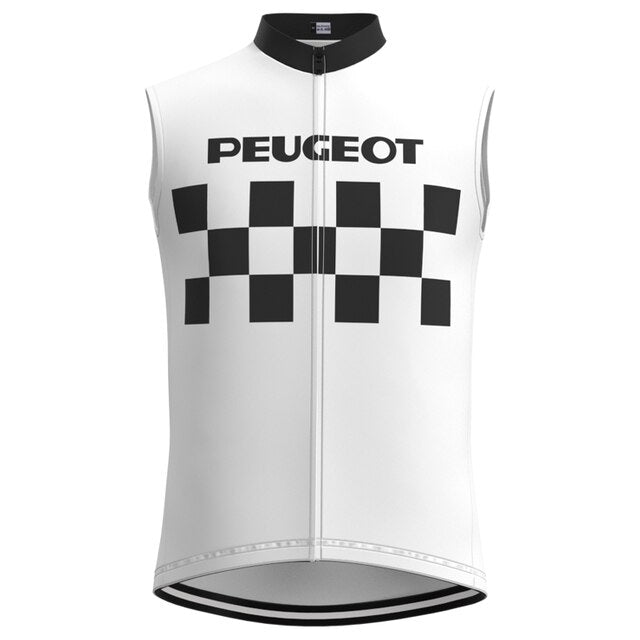 The Classic 1960s Peugeot Retro Cycling Jersey Set features a sleeveless white top with a black collar and zipper. It showcases PEUGEOT above a classic black-and-white checkered pattern, reminiscent of the Eddy Merckx era.