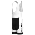 The Classic 1960s Peugeot Retro Cycling Jersey Set includes black and white cycling bib shorts with PEUGEOT text, inspired by vintage styles. It features shoulder straps, a white upper section, and black lower shorts for a sleek, minimalistic look reminiscent of classic Peugeot design.