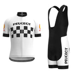 The Classic 1960s Peugeot Retro Cycling Jersey Set includes a white jersey with a black checkerboard and Shell logos on the sleeves, paired with black and white bib shorts featuring Peugeot on the side—reminiscent of what Eddy Merckx might have worn.