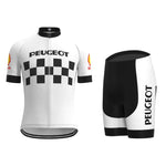 The Classic 1960s Peugeot Retro Cycling Jersey Set includes a jersey with Peugeot text, a black checkered pattern, red and yellow sleeve logos, and shorts featuring Peugeot text on the side. Ideal for Eddy Merckx fans.