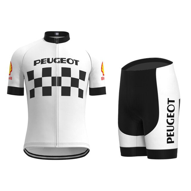 The Classic 1960s Peugeot Retro Cycling Jersey Set includes a jersey with Peugeot text, a black checkered pattern, red and yellow sleeve logos, and shorts featuring Peugeot text on the side. Ideal for Eddy Merckx fans.